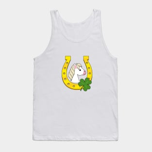 Cute White Horse with Golden Horse Shoe and Shamrock Tank Top